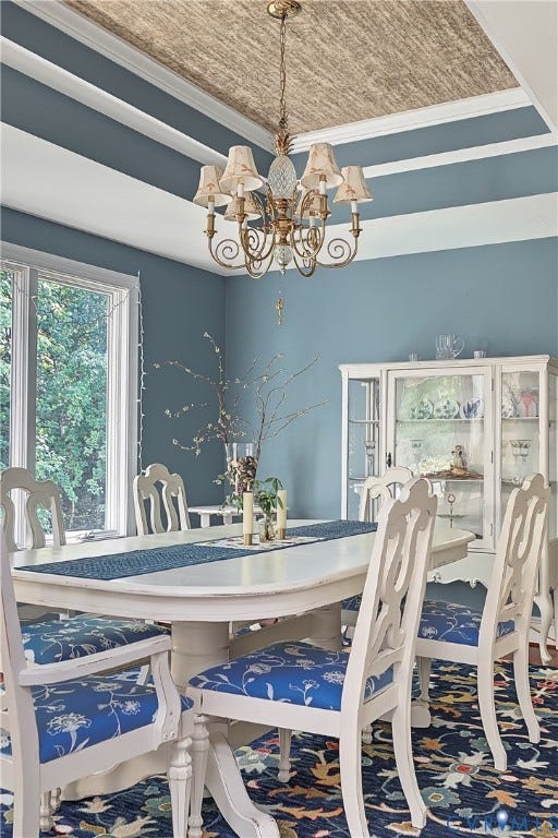 3131 Stony Point Road, #B, Richmond, VA 23235 Tray ceiling with a textured inset, chandelier with decorative shades, and large windows