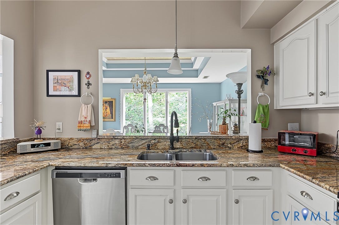 3131 Stony Point Road, #B, Richmond, VA 23235 Kitchen featuring light cabinetry, stainless steel dishwasher, double basin sink with a matte black faucet, and stone countertops