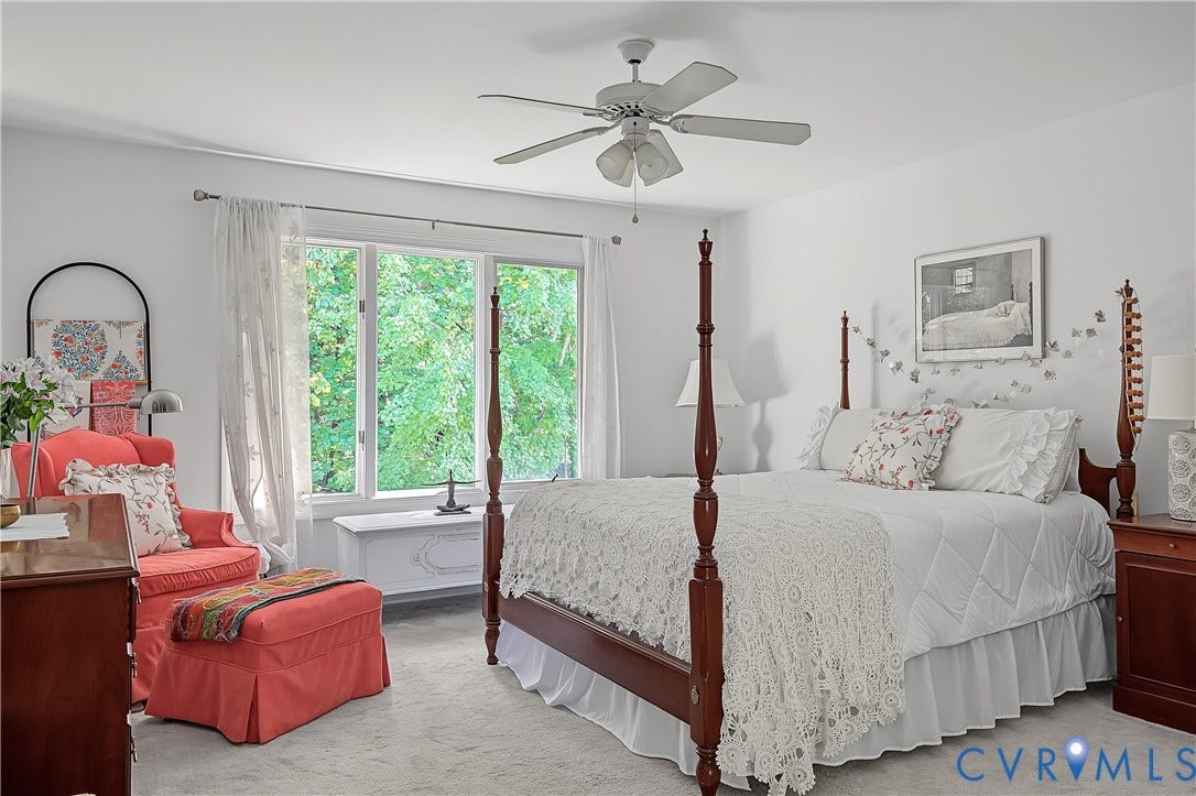 3131 Stony Point Road, #B, Richmond, VA 23235 White walls with a ceiling fan, large windows, and wall-to-wall carpeting