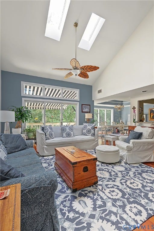 3131 Stony Point Road, #B, Richmond, VA 23235 Vaulted ceiling with two skylights, ceiling fan, and wood-finish flooring