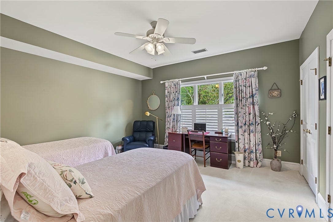 3131 Stony Point Road, #B, Richmond, VA 23235 Carpeted flooring, window with shutters, ceiling fan, and white trim