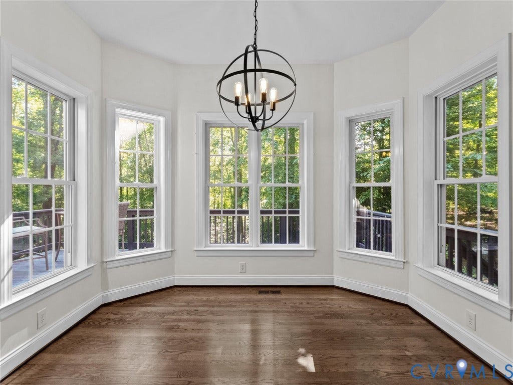 Bay window design with multiple sash windows, dark wood-finish flooring, and an ornamental spherical chandelier