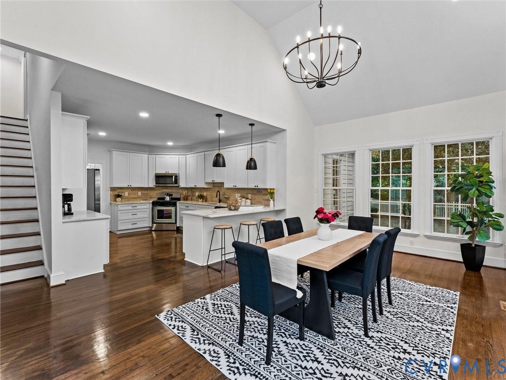 Vaulted ceiling, dark wood-finish flooring, white kitchen cabinetry, kitchen island, and built-in stainless steel appliances