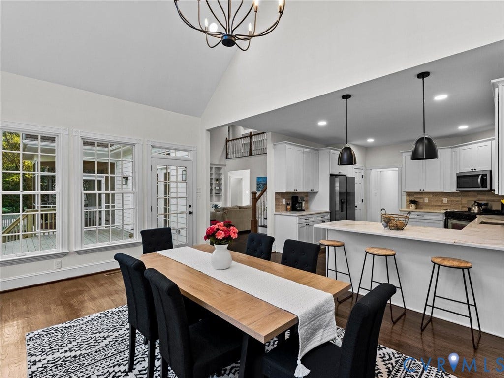Vaulted ceiling, wood-finish flooring, white kitchen cabinetry, stainless steel appliances, and a kitchen island with seating