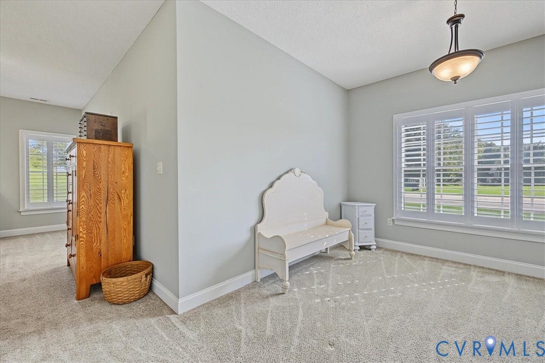 Neutral-toned carpeting, multi-pane windows with integrated shutters, and a central pendant light fixture