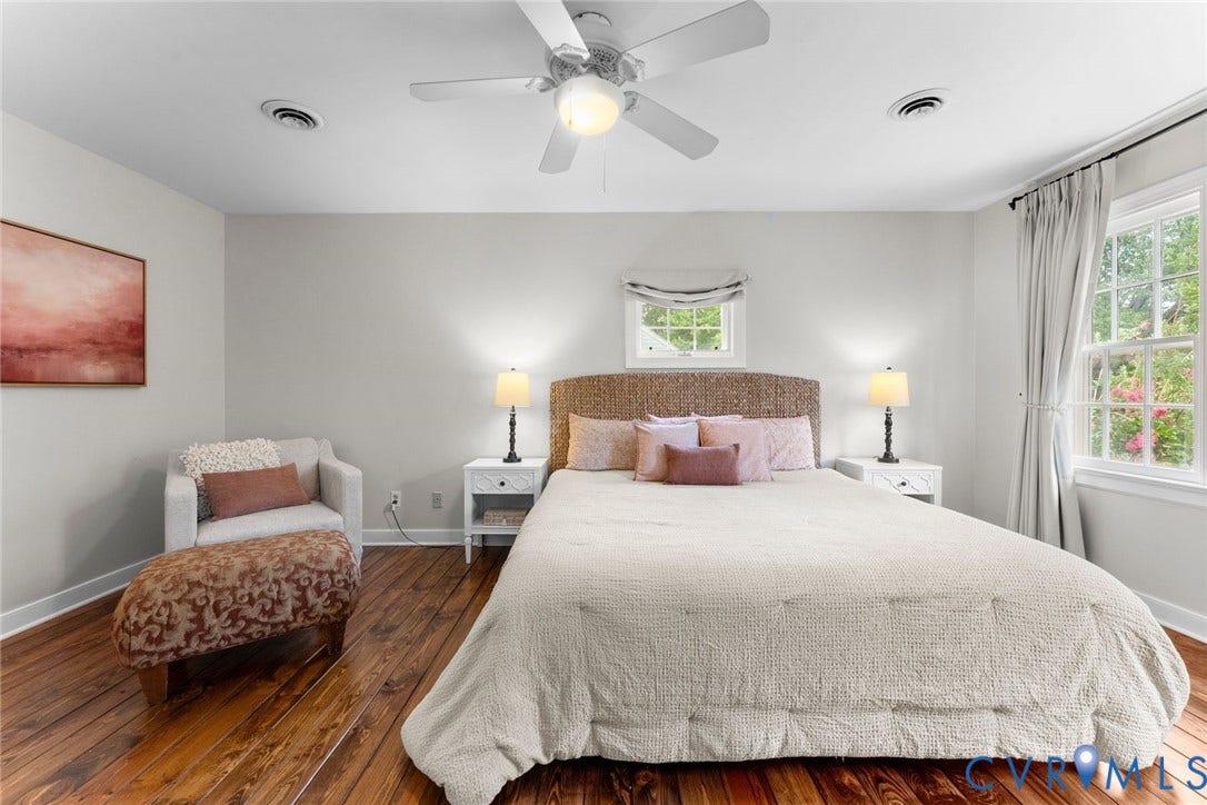 606 Westham Woods Drive, Tuckahoe, Henrico, VA 23229 Hardwood flooring, recessed lighting, ceiling fan, multiple windows, and a woven headboard
