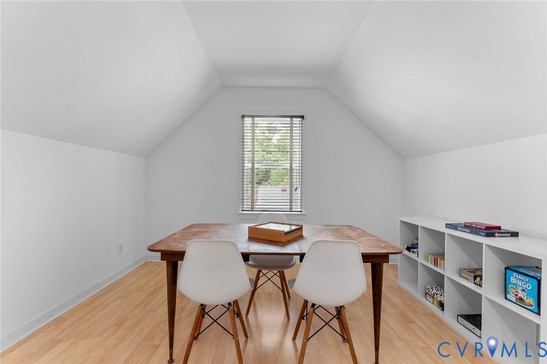 606 Westham Woods Drive, Tuckahoe, Henrico, VA 23229 Attic space featuring wood-finish flooring and a single window with blinds