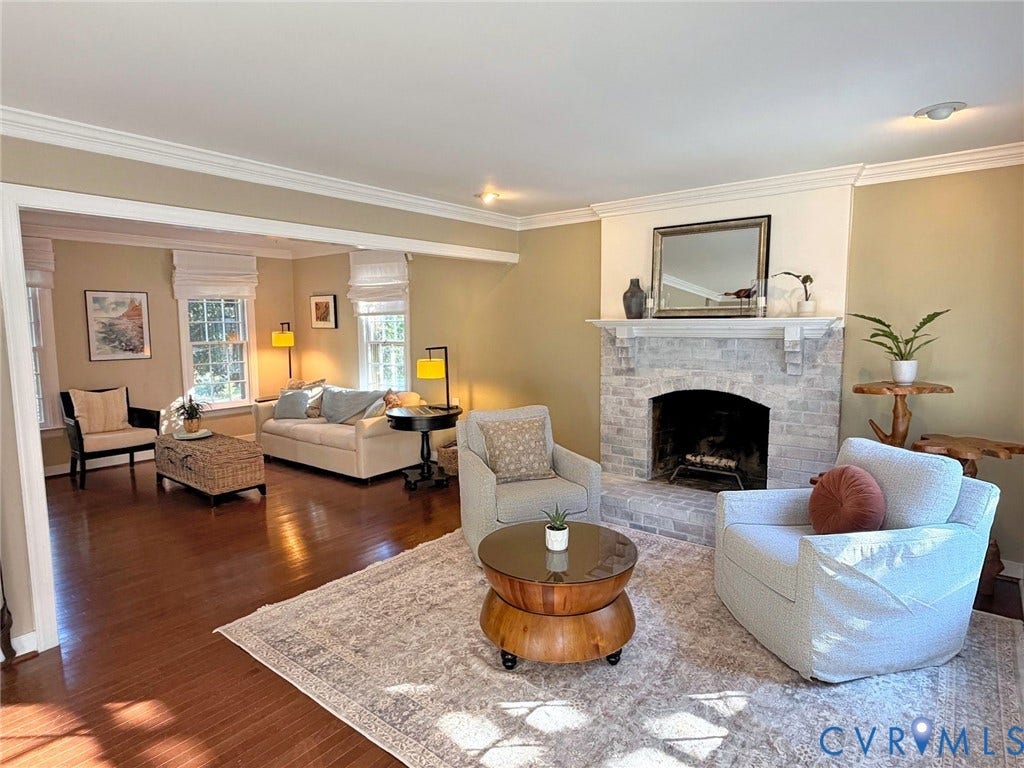 606 Westham Woods Drive, Tuckahoe, Henrico, VA 23229 Living area crown molding, and polished wood-finish flooring