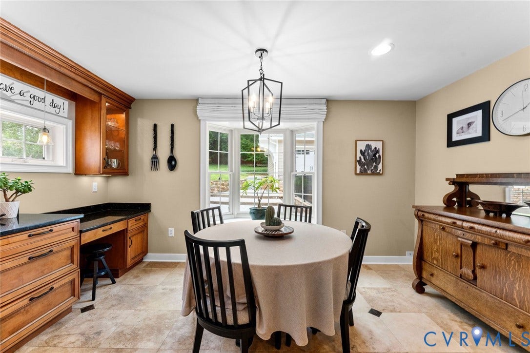 606 Westham Woods Drive, Tuckahoe, Henrico, VA 23229 Built-in cabinetry with dark countertops, a bay window with a window treatment, recessed lighting, and a geometric pendant light fixture