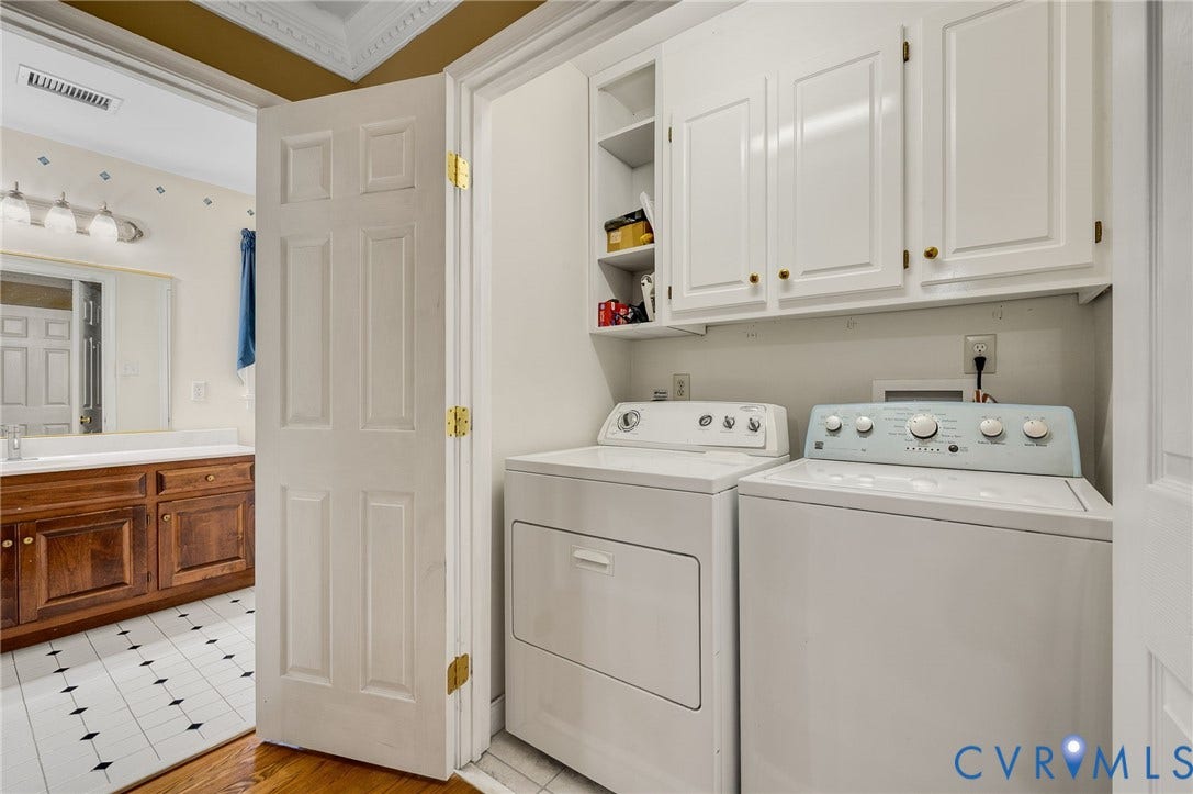 Laundry area featuring white cabinetry and an open shelf