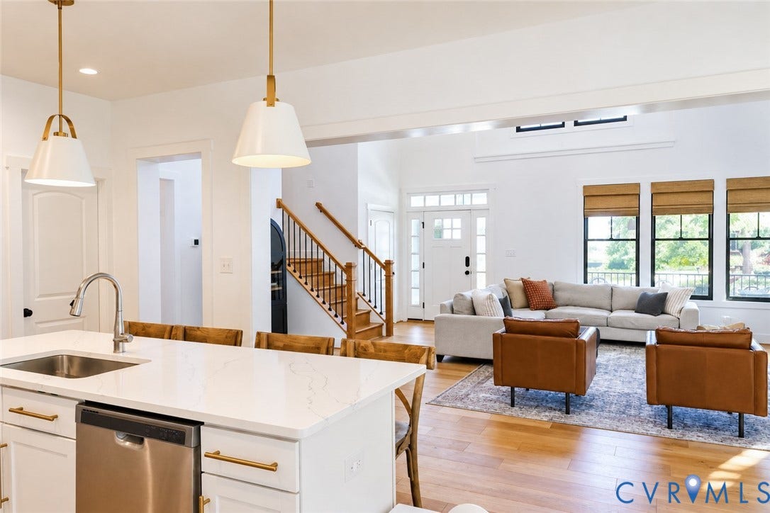 6265 Bushnell Drive, Rochambeau Estates, New Kent, VA 23124 Kitchen island with a stainless steel undermount sink, quartz countertop, and pendant lighting