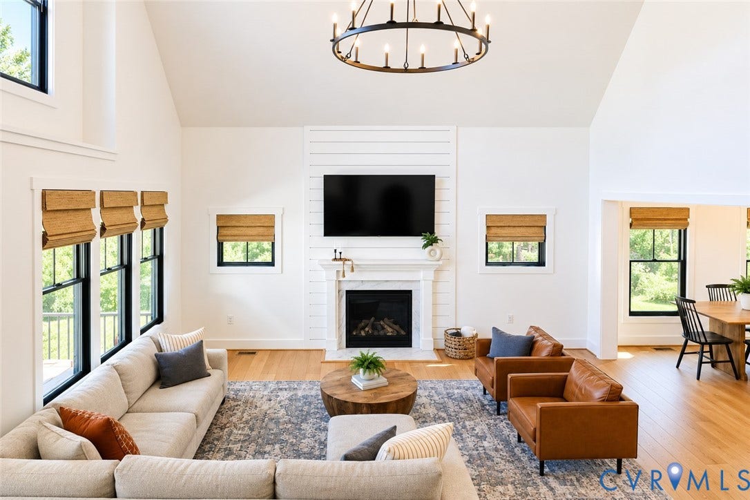 6265 Bushnell Drive, Rochambeau Estates, New Kent, VA 23124 Vaulted ceilings, large windows, a fireplace with a decorative mantel, and wood-finish flooring