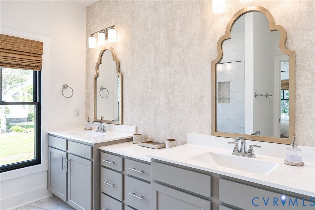 6265 Bushnell Drive, Rochambeau Estates, New Kent, VA 23124 Dual vanities with integrated sinks, light gray cabinetry, white countertops, and decorative mirrors