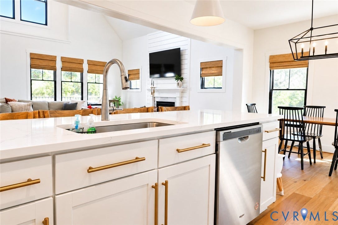 6265 Bushnell Drive, Rochambeau Estates, New Kent, VA 23124 Kitchen island featuring white cabinetry, gold-finish hardware, stainless steel sink, and integrated dishwasher