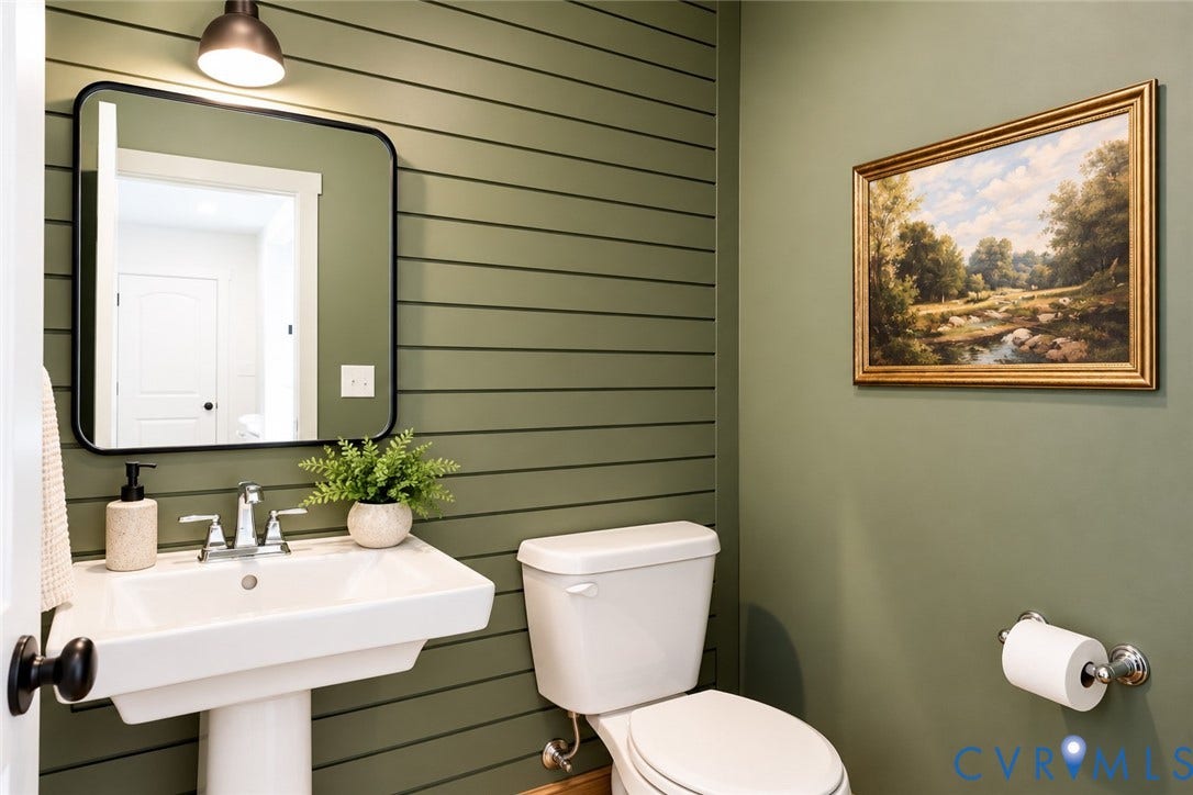 6265 Bushnell Drive, Rochambeau Estates, New Kent, VA 23124 Pedestal sink with chrome faucet, framed mirror, and horizontal shiplap accent wall