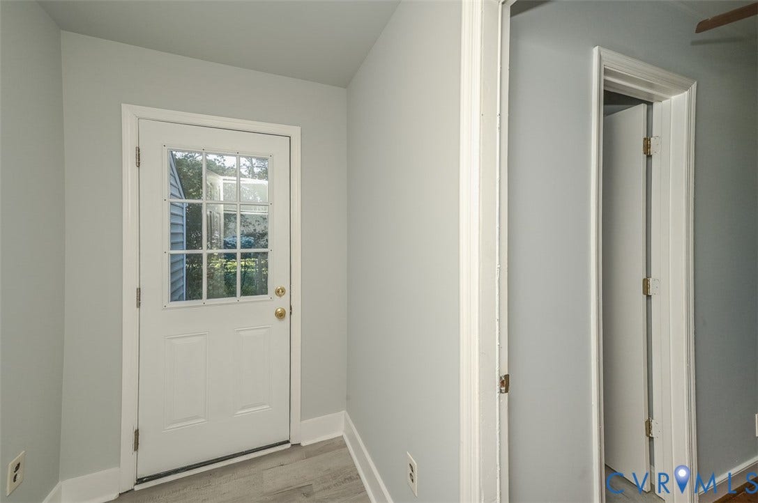 White paneled door with divided light window