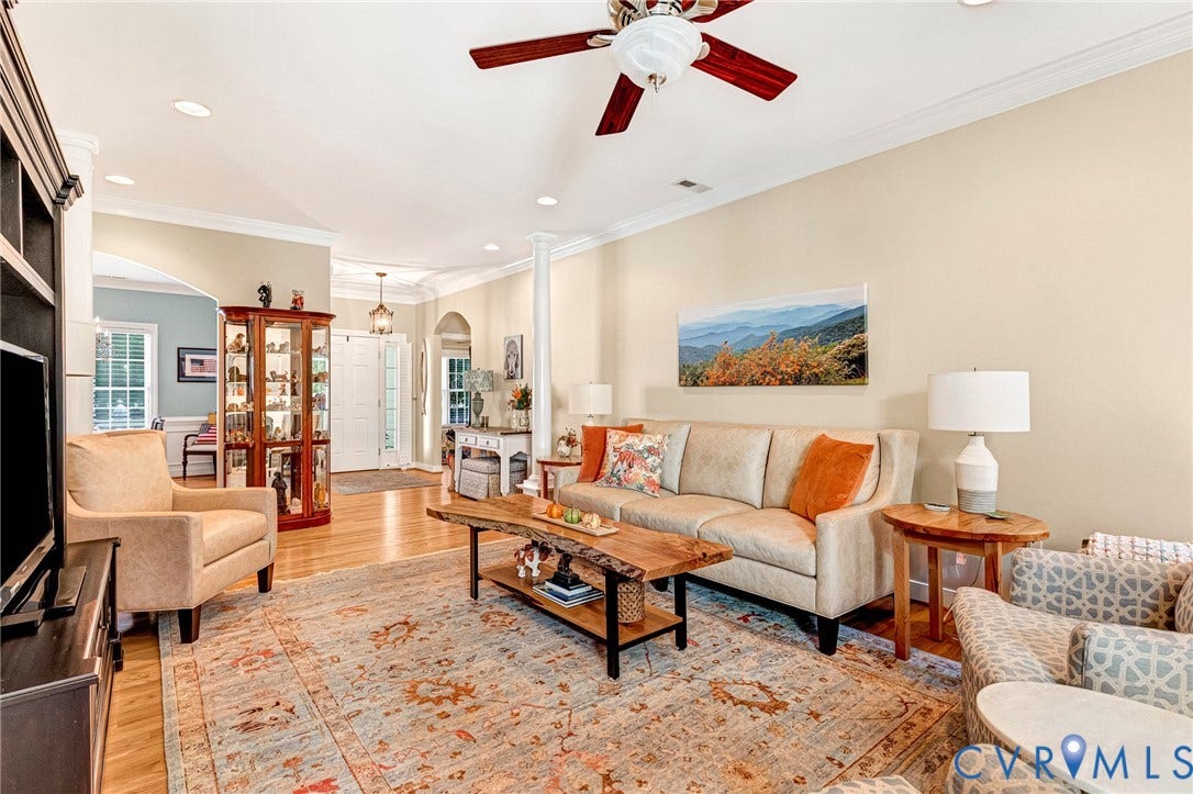 360 Laurel Drive, Aylett, VA 23009 Hardwood flooring, recessed lighting, ceiling fan, crown molding, and an arched doorway