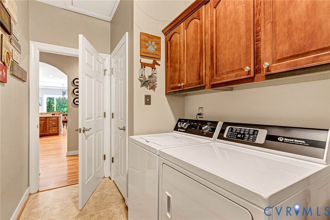 360 Laurel Drive, Aylett, VA 23009 Laundry area featuring white appliances, upper wood-finish cabinetry, and neutral-toned flooring