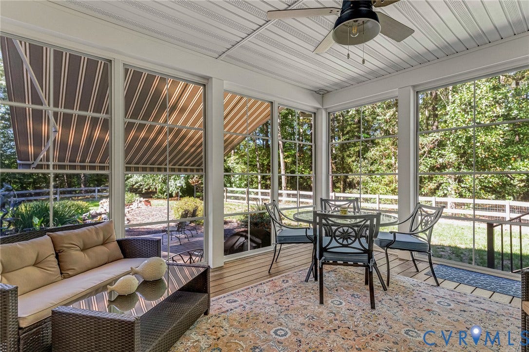 360 Laurel Drive, Aylett, VA 23009 Screened porch with white ceiling, ceiling fan, and large windows