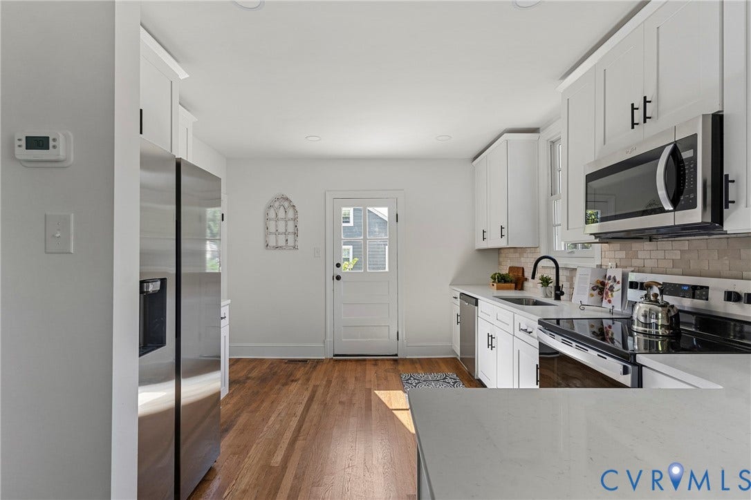 2601 Greenway Avenue, Lakeside, Henrico, VA 23228 Kitchen featuring white cabinetry, quartz countertops, subway tile backsplash, stainless steel appliances, and wood-finish flooring