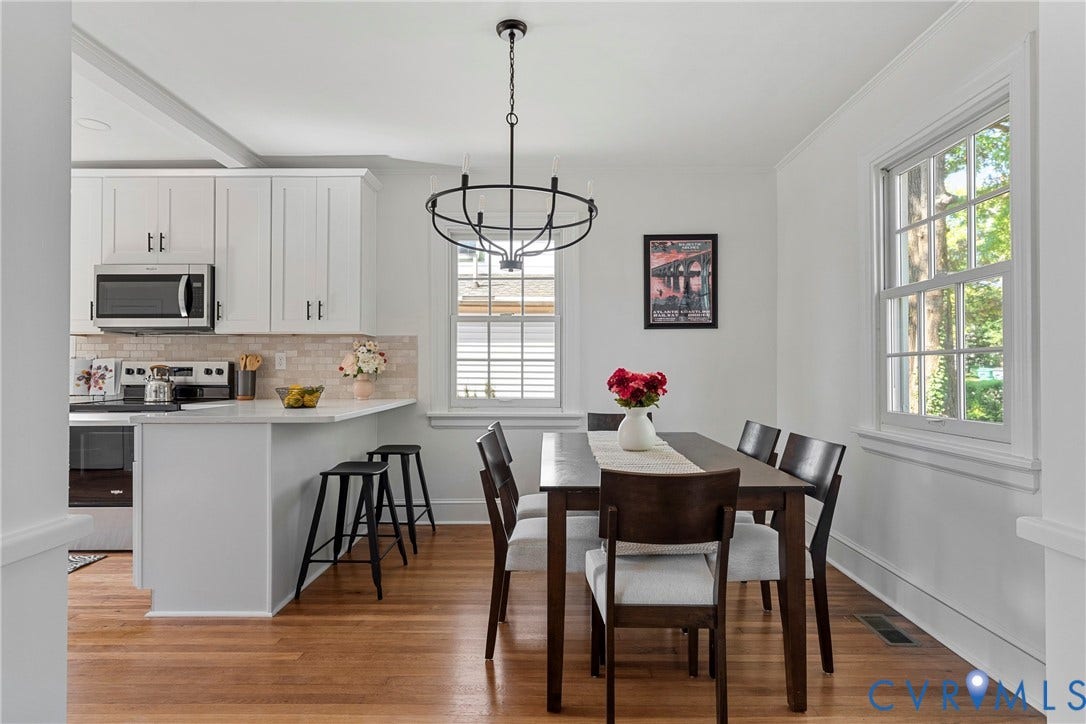 2601 Greenway Avenue, Lakeside, Henrico, VA 23228 Kitchen and dining area featuring white shaker-style cabinetry, a breakfast bar with a solid surface countertop, wood-finish flooring, a multi-light metal chandelier, and multi-pane windows