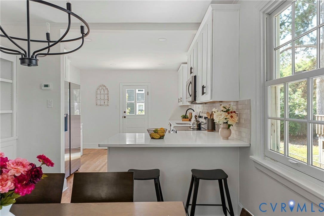 2601 Greenway Avenue, Lakeside, Henrico, VA 23228 Kitchen featuring white shaker-style cabinetry, quartz countertops, a neutral tile backsplash, stainless steel appliances, and a modern matte black chandelier