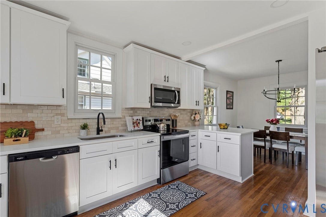 2601 Greenway Avenue, Lakeside, Henrico, VA 23228 Kitchen featuring white shaker cabinetry, stainless steel appliances, light-toned stone-finish countertops, brick-pattern backsplash, and wood-finish flooring