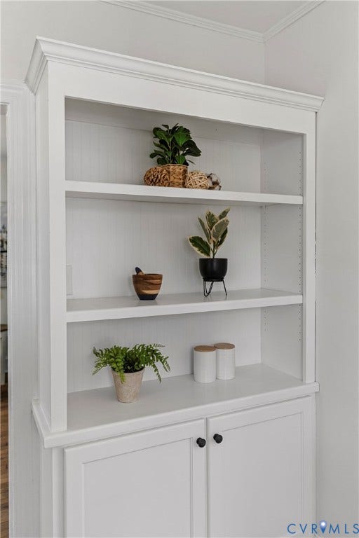 2601 Greenway Avenue, Lakeside, Henrico, VA 23228 Built-in white cabinetry featuring adjustable shelving, beadboard backing, crown molding detail, and lower storage cabinets with matte black hardware