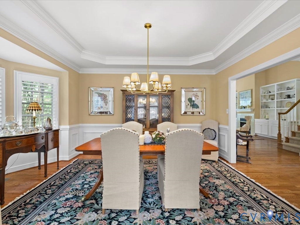 12126 Club Commons Drive, Club Commons, Glen Allen, VA 23059 Tray ceiling with crown molding, wood-finish flooring, white wainscoting, and large windows with plantation shutters
