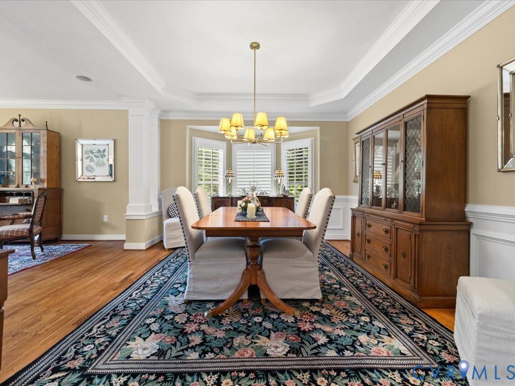 12126 Club Commons Drive, Club Commons, Glen Allen, VA 23059 Tray ceiling featuring crown molding, hardwood flooring, and bay windows with plantation shutters