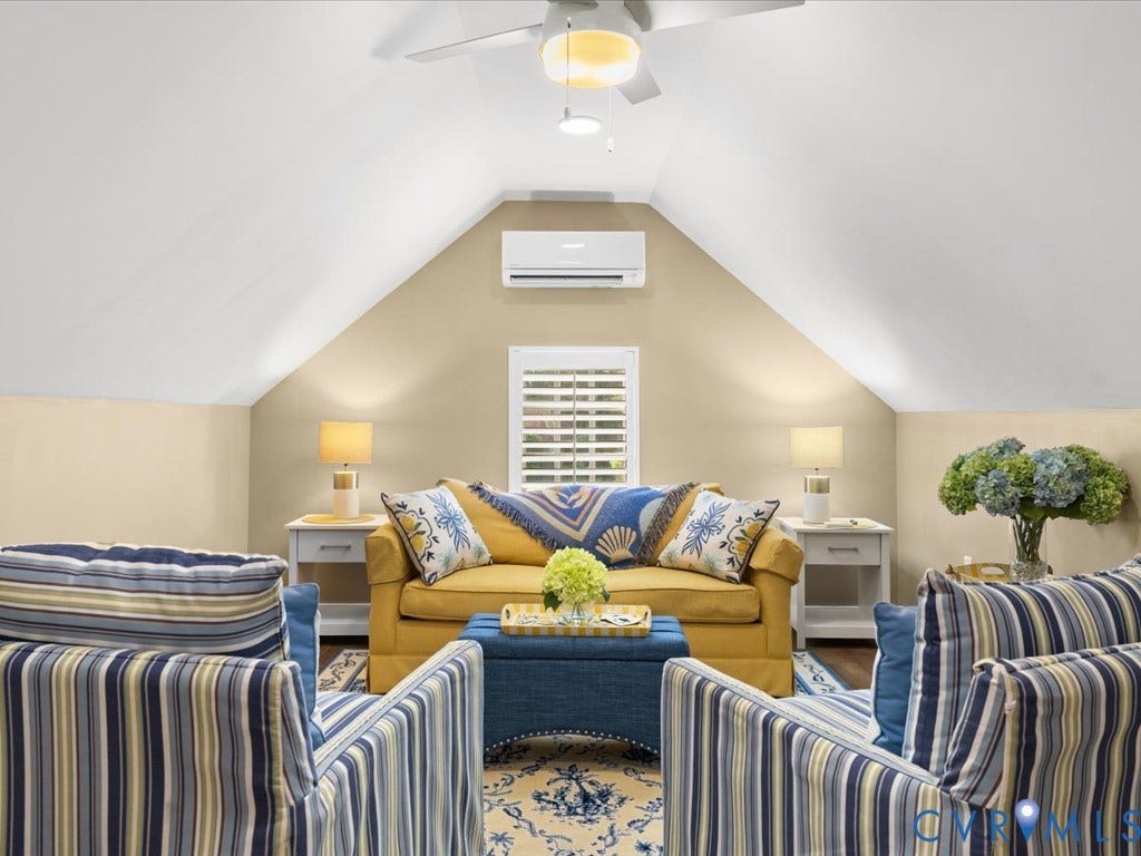 12126 Club Commons Drive, Club Commons, Glen Allen, VA 23059 Vaulted ceiling featuring a ceiling fan, window with plantation shutters, and a wall-mounted climate control unit