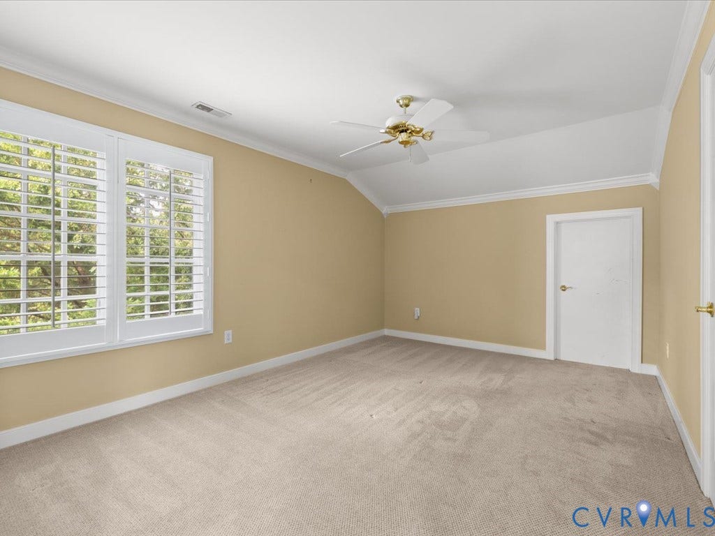 12126 Club Commons Drive, Club Commons, Glen Allen, VA 23059 Vaulted ceiling with a ceiling fan, carpeted flooring, and white plantation shutters on windows