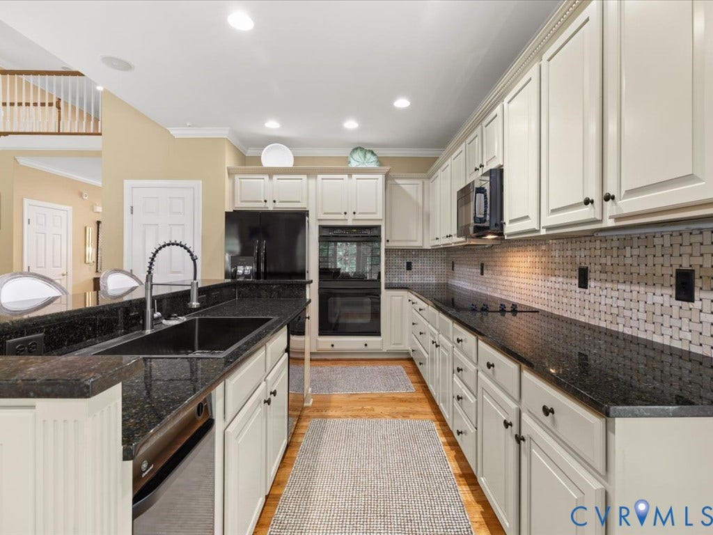 12126 Club Commons Drive, Club Commons, Glen Allen, VA 23059 Kitchen featuring black appliances, a black sink with a gooseneck faucet, light cabinetry, dark countertops, and a patterned tile backsplash