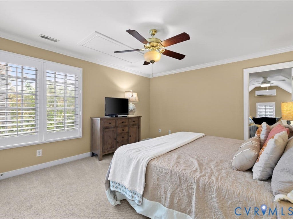 12126 Club Commons Drive, Club Commons, Glen Allen, VA 23059 Plush carpet flooring, crown molding, white window shutters, and a ceiling fan with integrated lighting