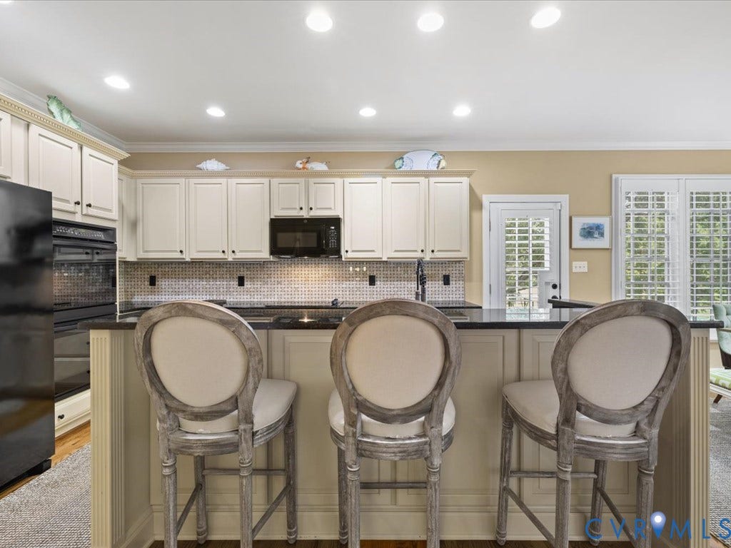 12126 Club Commons Drive, Club Commons, Glen Allen, VA 23059 Kitchen featuring recessed lighting, paneled cabinetry, dark countertops, tiled backsplash, and built-in appliances