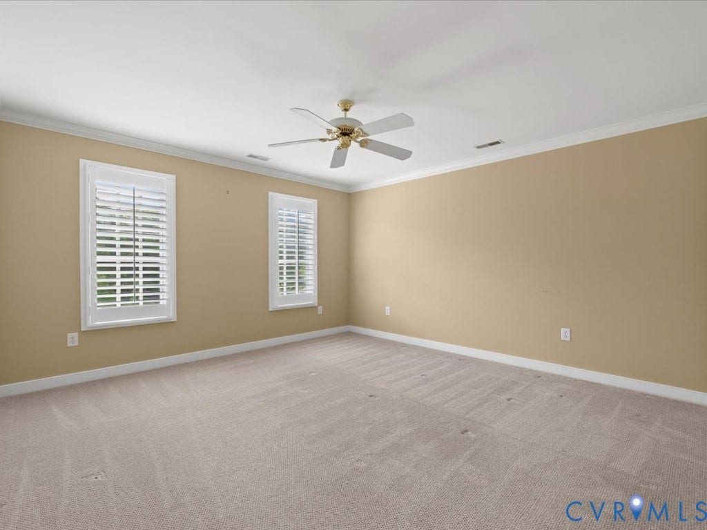 12126 Club Commons Drive, Club Commons, Glen Allen, VA 23059 Recessed lighting, ceiling fan, crown molding, two windows with plantation shutters, and carpeted flooring