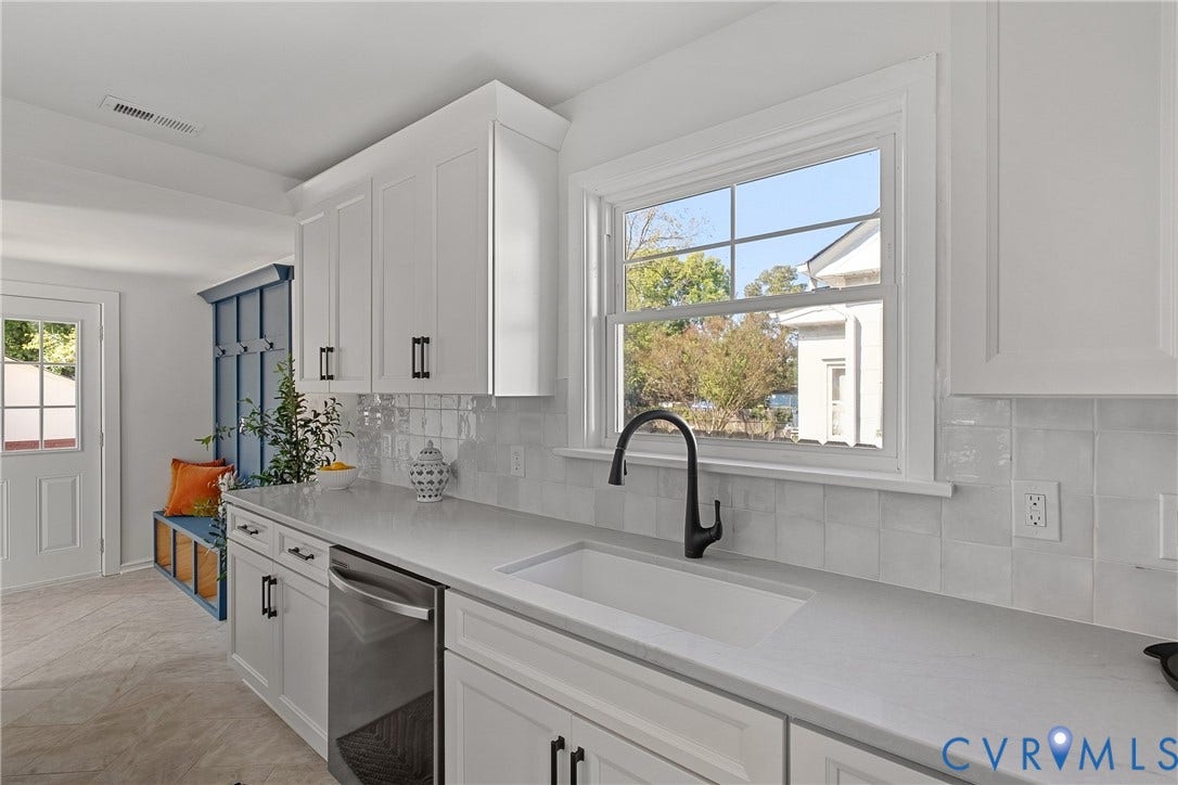 5304 Gillespie Avenue, Henrico, VA 23228 White cabinetry with black hardware, light-toned countertops, tile backsplash, built-in sink, and stainless steel dishwasher