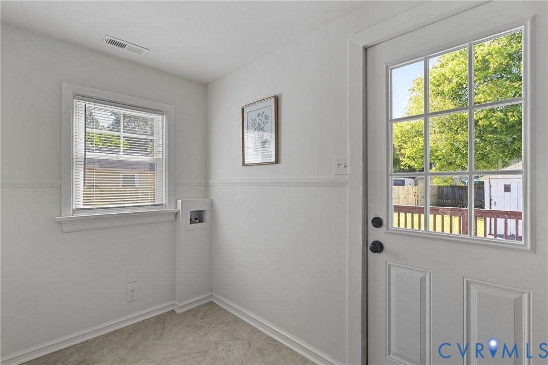 5304 Gillespie Avenue, Henrico, VA 23228 White paneled door with grid-pattern glass, single-hung window with blinds, and light-toned flooring