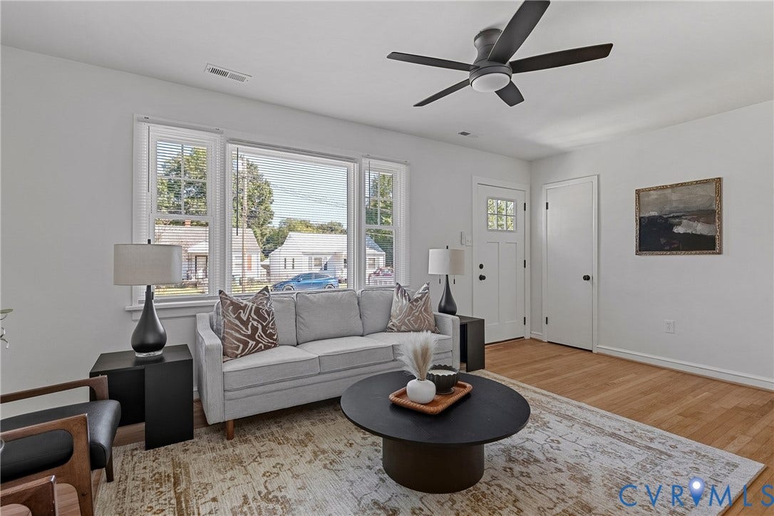 5304 Gillespie Avenue, Henrico, VA 23228 Bright living space with wood-finish flooring, a contemporary ceiling fan, and a paneled entry door with glass inserts