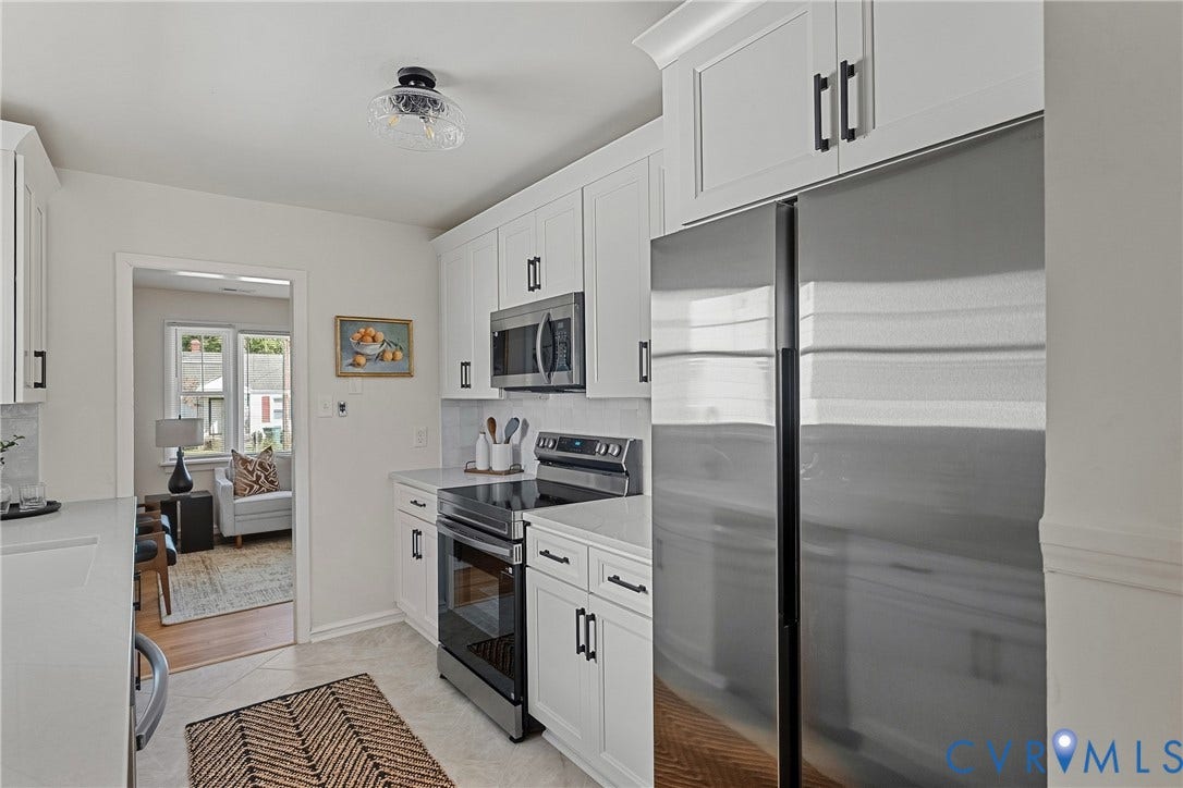 5304 Gillespie Avenue, Henrico, VA 23228 Kitchen featuring white shaker cabinetry, stainless steel appliances, light-toned countertops, tile flooring, and a flush mount ceiling light