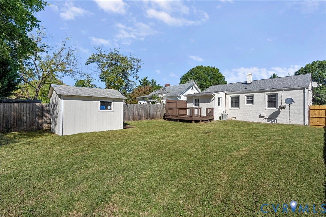 5304 Gillespie Avenue, Henrico, VA 23228 Expansive green lawn featuring a wooden privacy fence, storage shed, and a wooden deck