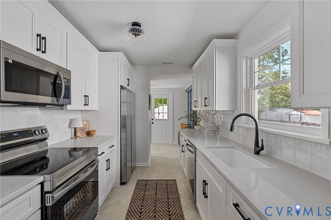 5304 Gillespie Avenue, Henrico, VA 23228 Galley kitchen with white cabinetry, stainless steel appliances, white countertops, and a white subway tile backsplash