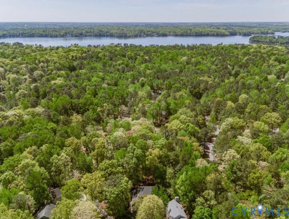 Expansive natural landscape with mature trees and a tranquil lake visible in the background.
