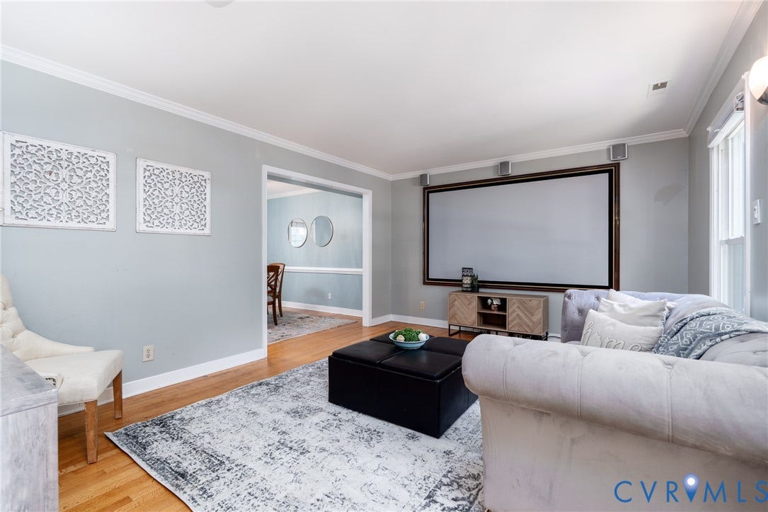 Hardwood flooring, crown molding, and a projection screen