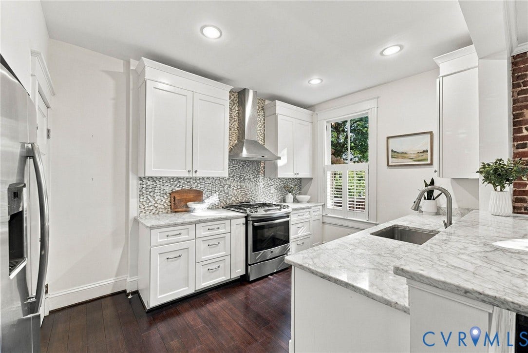 107 N Allen Avenue, The Fan, Richmond, VA 23220 Kitchen featuring white shaker cabinetry, stone countertops, stainless steel appliances, mosaic tile backsplash, and wood-finish flooring