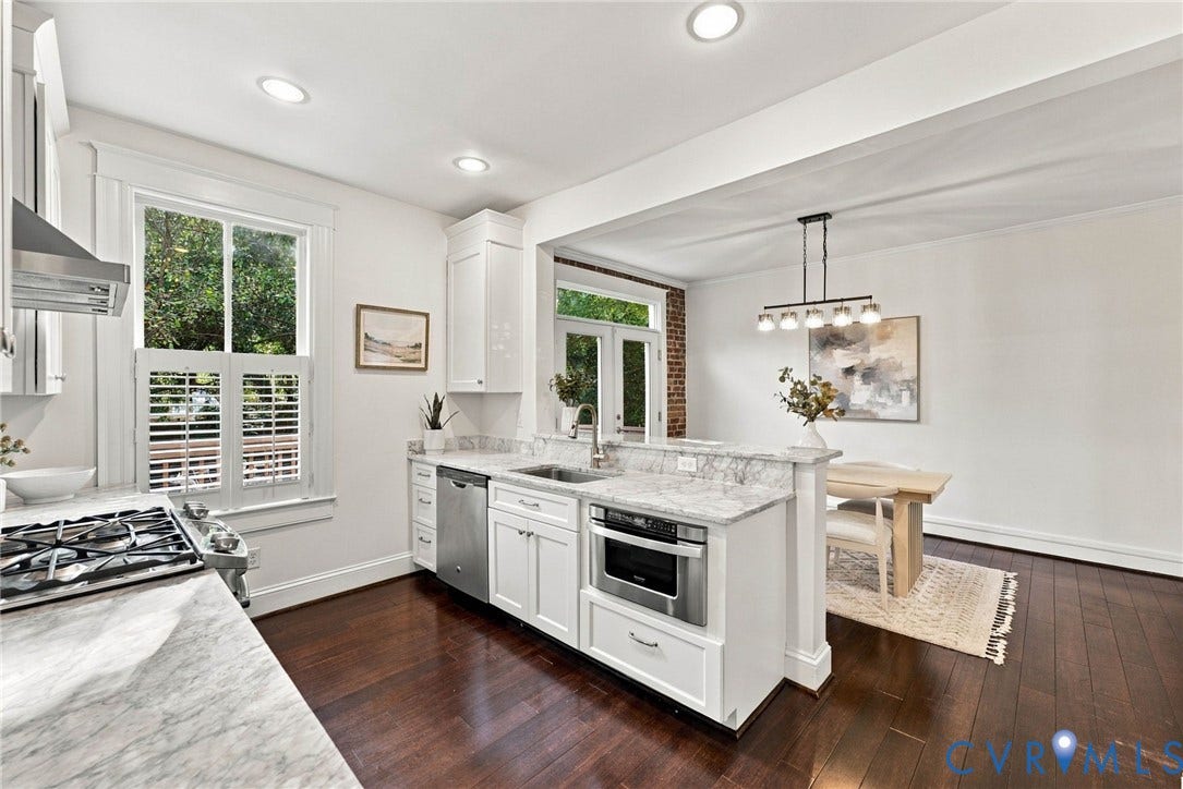 107 N Allen Avenue, The Fan, Richmond, VA 23220 Kitchen featuring white shaker-style cabinetry, stone countertops, stainless steel appliances, dark wood-finish flooring, and recessed lighting