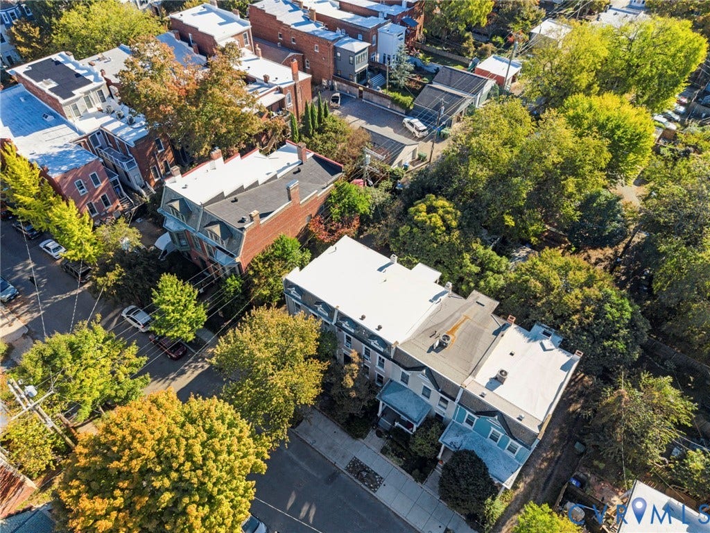 107 N Allen Avenue, The Fan, Richmond, VA 23220 Aerial perspective of urban masonry architecture featuring flat roof structures and mature tree canopy throughout the immediate environment