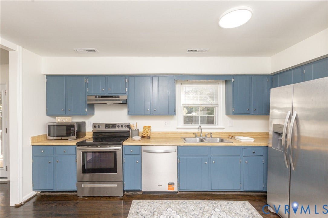 Kitchen featuring blue cabinetry, light wood-finish countertops, stainless steel appliances, and a double basin sink