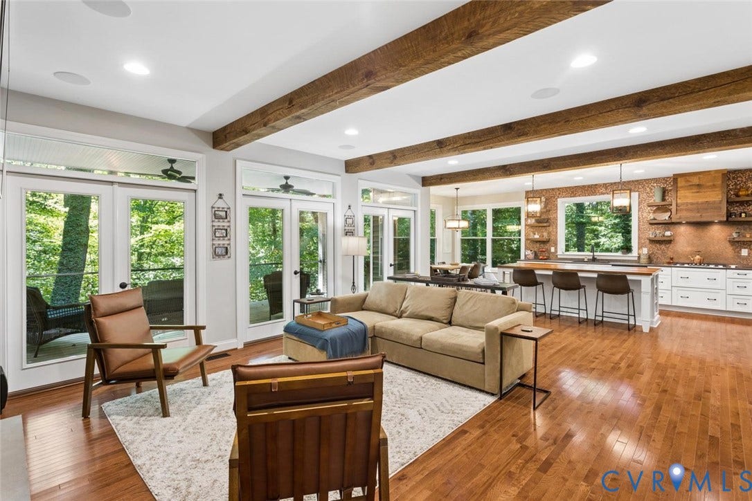 9013 Old Holly Road, Southhampton, Richmond, VA 23235 Open-concept living area with wood-finish flooring, exposed ceiling beams, recessed lighting, and multiple French doors