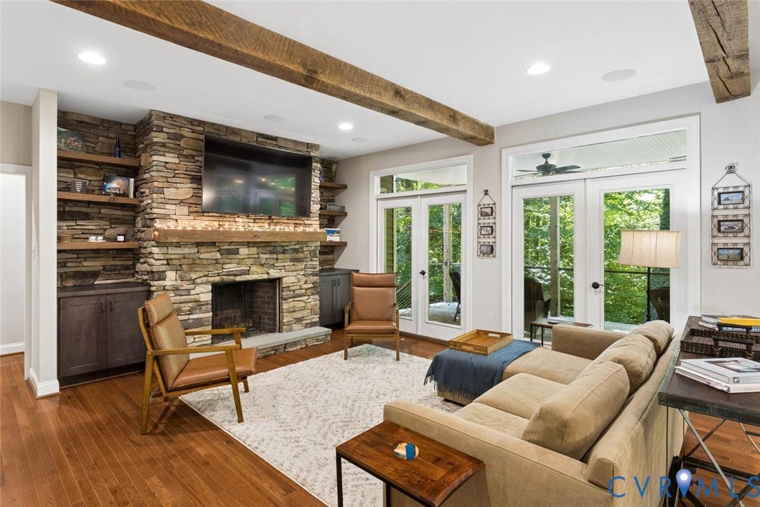 9013 Old Holly Road, Southhampton, Richmond, VA 23235 Hardwood flooring, exposed ceiling beams, stone-clad fireplace with mantel, built-in shelving, and double French doors to an outdoor area